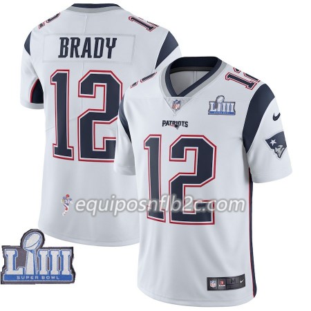 Camiseta Hombre NFL New England Patriots Tom Brady 12 Nike Blanco 2019 Super Bowl LIII
